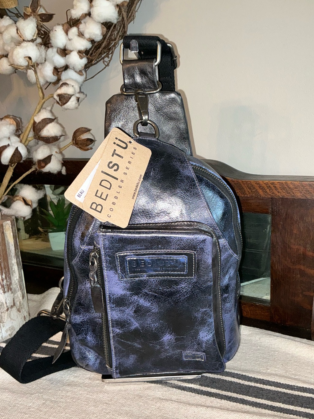 Nwt Bed Stu Leather Beau Backpack Sling Bag Future Dusk Blue Black De Msrp $260 — image 3 of 8